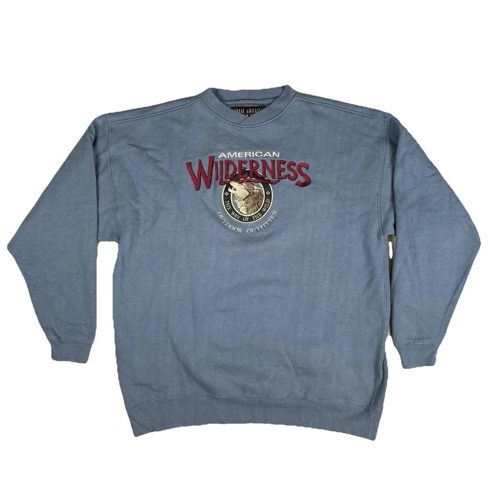 Vtg Wolf Sweatshirt Blue Pullover XL Great American‎ Wilderness Lakes Timbers